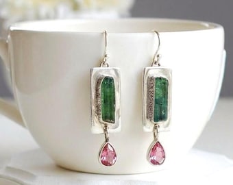 Raw Tourmaline Dangle Earrings, Sterling Silver, Green Pink Gemstone, October Birthstone