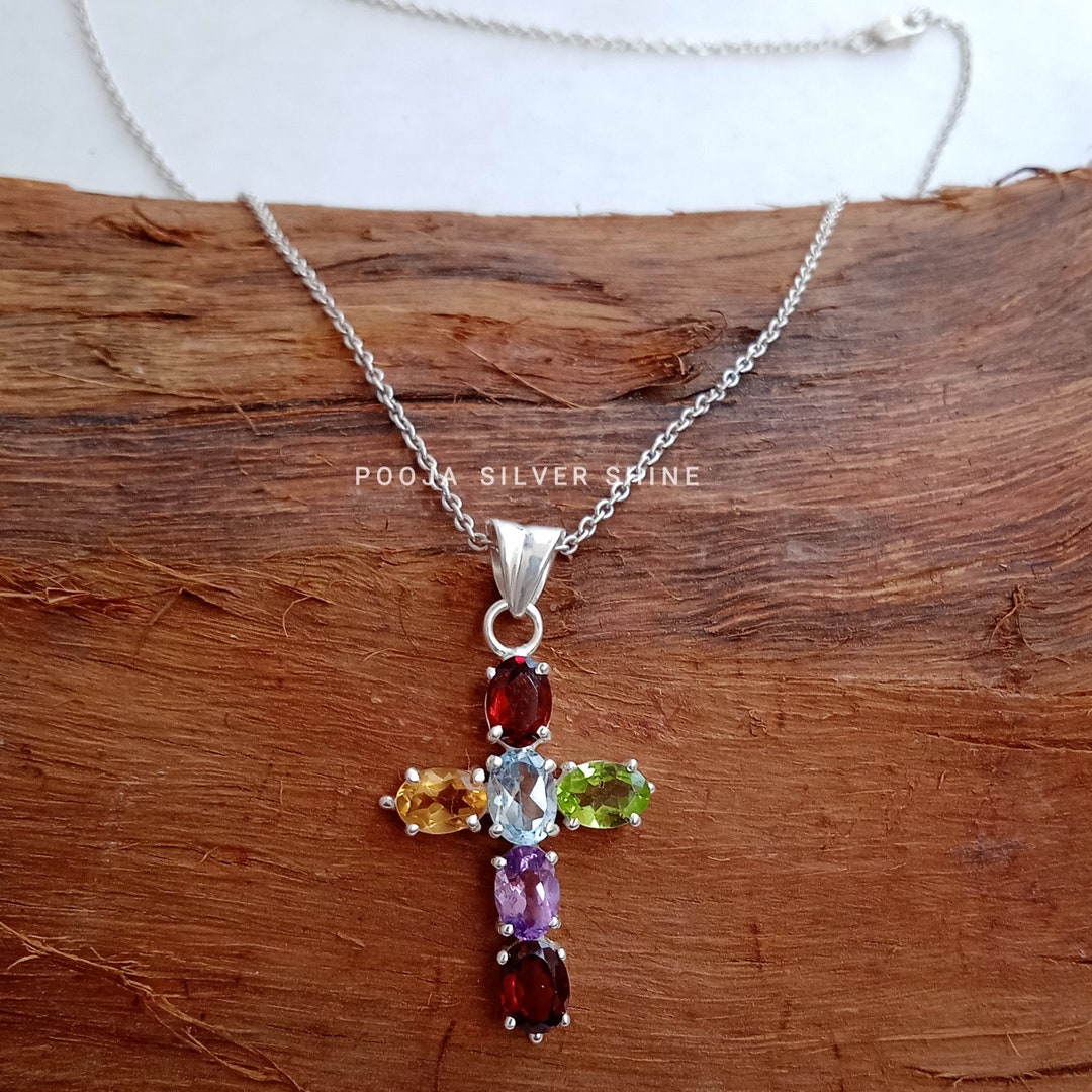 Natural Multi Stone Pendant Necklace, 925 Sterling Silver, Holy Cross ...