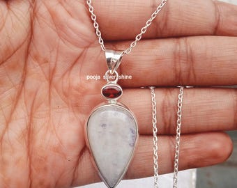 Natural Moonstone and Garnet Pendant, Handmade Sterling Silver Jewelry, Christmas Present For Her