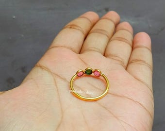 Pink & Green Tourmaline Ring, Gold Plated Sterling Silver, Handmade