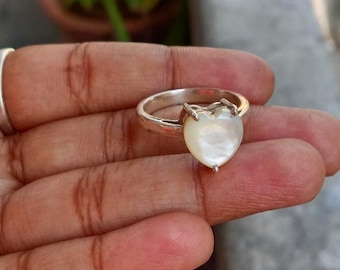 Heart Mother of Pearl Ring: Handmade 925 Sterling Silver, Christmas jewelry