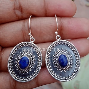 Natural Lapis Lazuli Earring, Lapis Oval Earring, Silver Lapis Lazuli Earring, Lapis Silver Jewelry Earring, Lapis Boho Earring-Gift For Mom