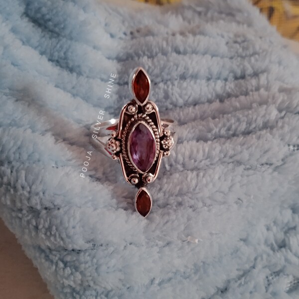 Amethyst and Garnet ring, Boho amethyst ring, Sterling Silver Ring, Bridesmaid Rings, natural gemstone ring, designer ring, Gift for mother