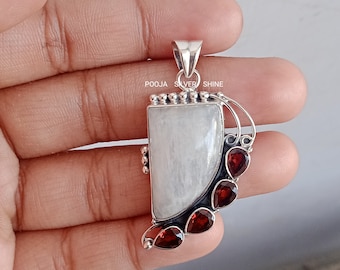 Colgante de granate de piedra lunar arcoíris: piedra preciosa de plata de ley 925