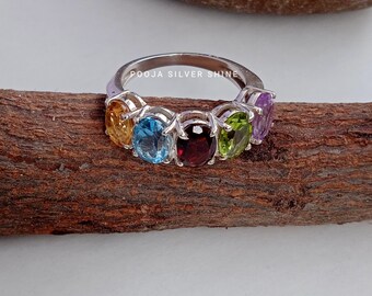 Multi Natural Gemstone Ring, 925 Sterling Solid Silver Ring, High Quality Gemstone Jewelry, Amethyst/Peridot/Big Garnet/ Blue Topaz/Citrine