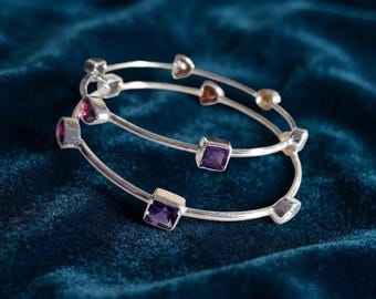 Multi Gemstone Sterling Silver Bangle: Bohemian Birthstone Bracelet For Women
