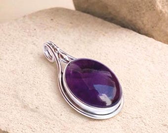 Oval Amethyst Pendant, Sterling Silver Boho Jewelry, Handmade Gemstone Necklace