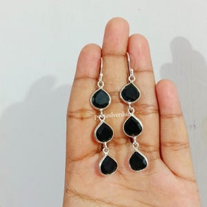 Black Onyx Earring, Onyx Gemstone Earring, 925 Sterling Silver Earring, Elegant Earring,  3 Stone Earring, Handmade Jewelry, Gift For Women