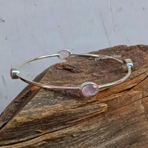 Rose Quartz Bangle, Quartz Bangle, Handmade Bangle, Oval Stone Bangle, Solid 925 Sterling Silver Bangle, Natural Stone, Birthstone Bangle
