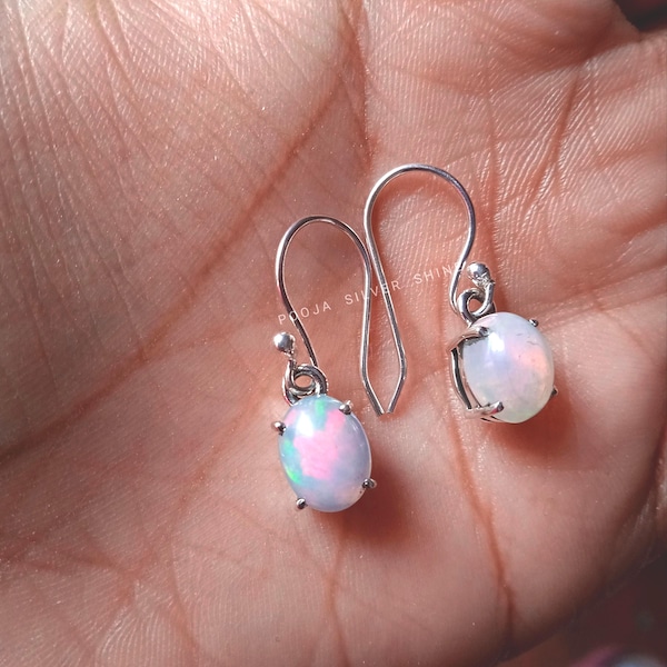 Natural Opal Earrings: Handmade 925 Sterling Silver Oval Dangle
