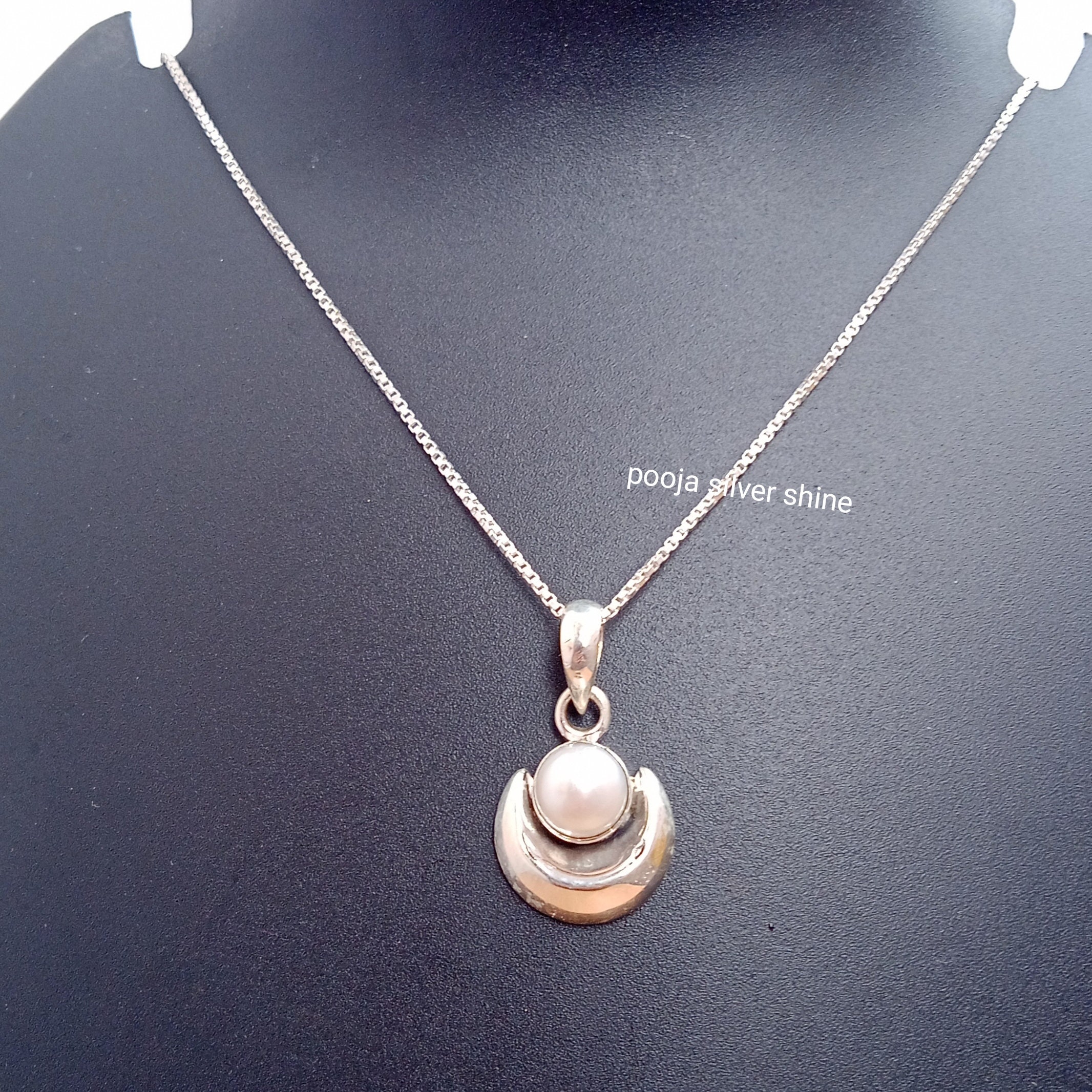 Sterling Silver Crescent Moon Necklace: Natural Pearl