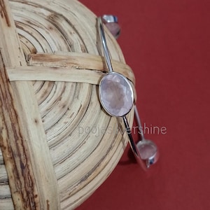 Natural Rose Quartz Bangle, Pink Quartz Bangle, Gemstone Bangle, Handmade Bangle, 925 Sterling Silver Bangle, Women Bangle, Valentine Gift