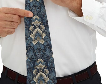 Blue & Cream Jacquard Necktie, men's fashion, Formal Wear, Casual Wear, Silky Finish, Polyester, necktie, Wedding Attire, Father's Day