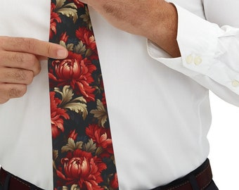 Corbata de damasco floral rojo, moda masculina, ropa formal, ropa casual, acabado sedoso, corbata, atuendo de boda, día del padre