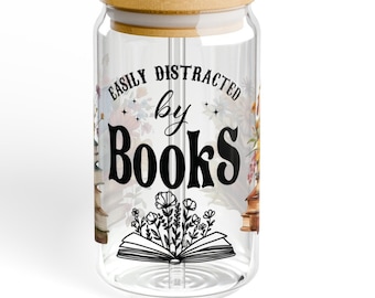 Easily distracted by books Sipper Glass, 16oz glass tumbler, books, reading, love to read