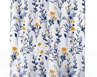 French Blue Cottage Yellow and Blue Wildflowers Shower Curtain, size is 71 x74 "