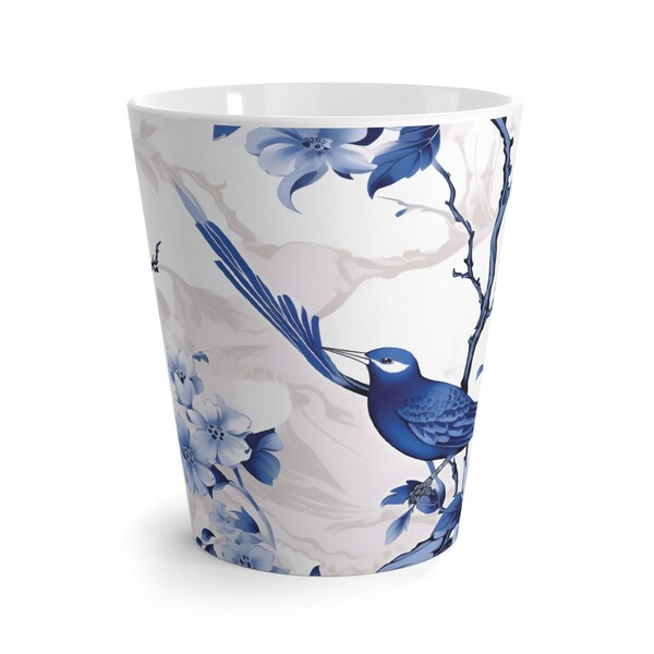 Chinoiserie blue flowers and bird design on our Latte Mug, blue and white mug, chinoiserie, bird, chic, kitchen, coffee, gift,