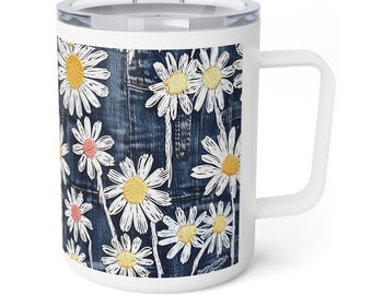 On-the-go beverage experience with our Insulated Coffee Mug, a charming denim exterior adorned with hand-embroidered daisy graphics