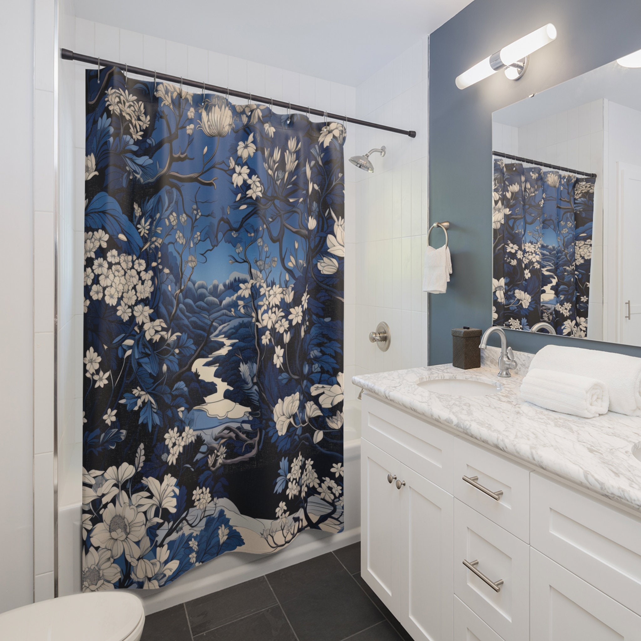 Scenic Japanese Artinspired Shower Curtain, Rich Blue Background