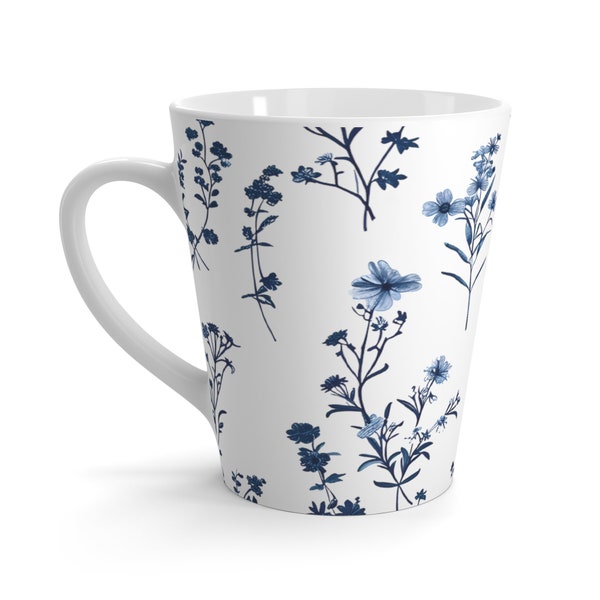 Blue Wildflowers Cottage core 12oz Latte Mug, coffee lover, tea lover, elevate your mornings, artistic mug, cottage core, Latte