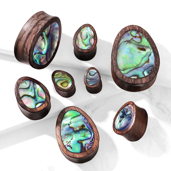 Sono Wood Teardrop with Abalone Inlay | Ear Plugs, Gauges, Stretched Ears [0g, 00g, 1/2", 9/16", 5/8", 3/4", 7/8", 1"]