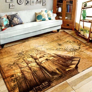 Alfombra de barco, alfombra de barco antiguo, alfombra de mar, alfombra de brújula, alfombra de mapa antiguo, alfombra de océano, alfombra de decoración del hogar, alfombra náutica de regalo, alfombra de oficina con brújula, alfombra de oficina con brújula