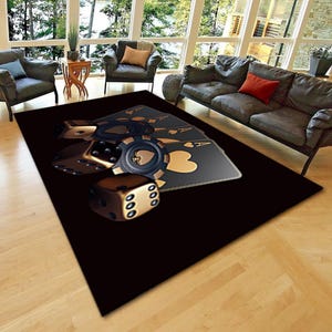 Tappeto da casinò, tappeto dadi, tappeto fiches, tappeto con design di carte da poker, tappeto per arredamento, tappeto da soggiorno, tappeto da area, tappeto moderno, tappeto nero, tappeto da ufficio, tappeto artistico