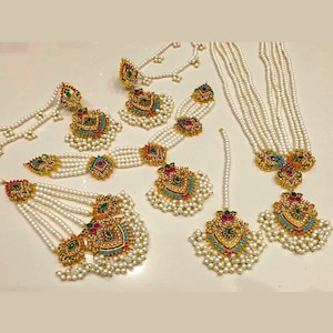 22k Gold plated earrings, tikka and necklace Naurattan set, Indian, Pakistani hyderabadi wedding engagement jewellery set
