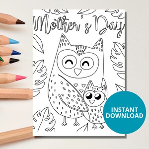 Printable Owl Mother's Day coloring card, card from kids, cute card