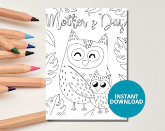 Tarjeta para colorear del Día de la Madre Búho imprimible, tarjeta de niños, tarjeta linda