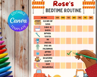 Lista de verificación de rutina editable para la hora de acostarse para niños pequeños de construcción, lista de verificación de rutina visual, tabla de hora de acostarse para niños, lista de verificación personalizada para la hora de acostarse, tareas para niños