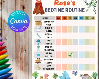 Lista de verificación de rutina editable para la hora de acostarse de Dino para niños pequeños, lista de verificación de rutina visual, tabla de hora de acostarse para niños, lista de verificación personalizada para la hora de acostarse, tabla de tareas para niños
