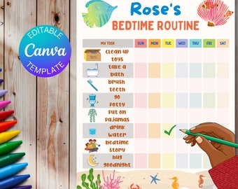 Lista de verificación de rutina editable para la hora de acostarse para niños pequeños del océano, lista de verificación de rutina visual, tabla de hora de acostarse para niños, lista de verificación personalizada para la hora de acostarse, tareas para niños