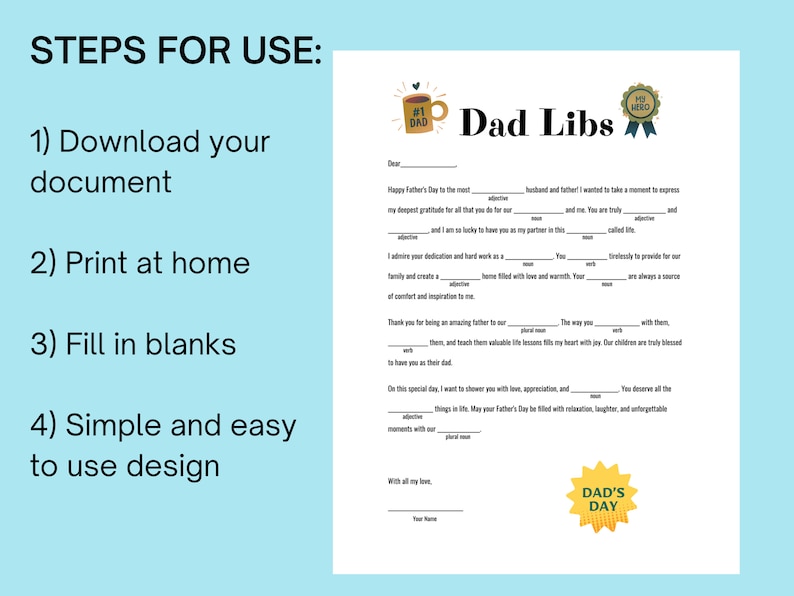 INSTANT DOWNLOAD Fathers Day Dad Libs, Mad Libs, Gift for Spouse, Fun ...