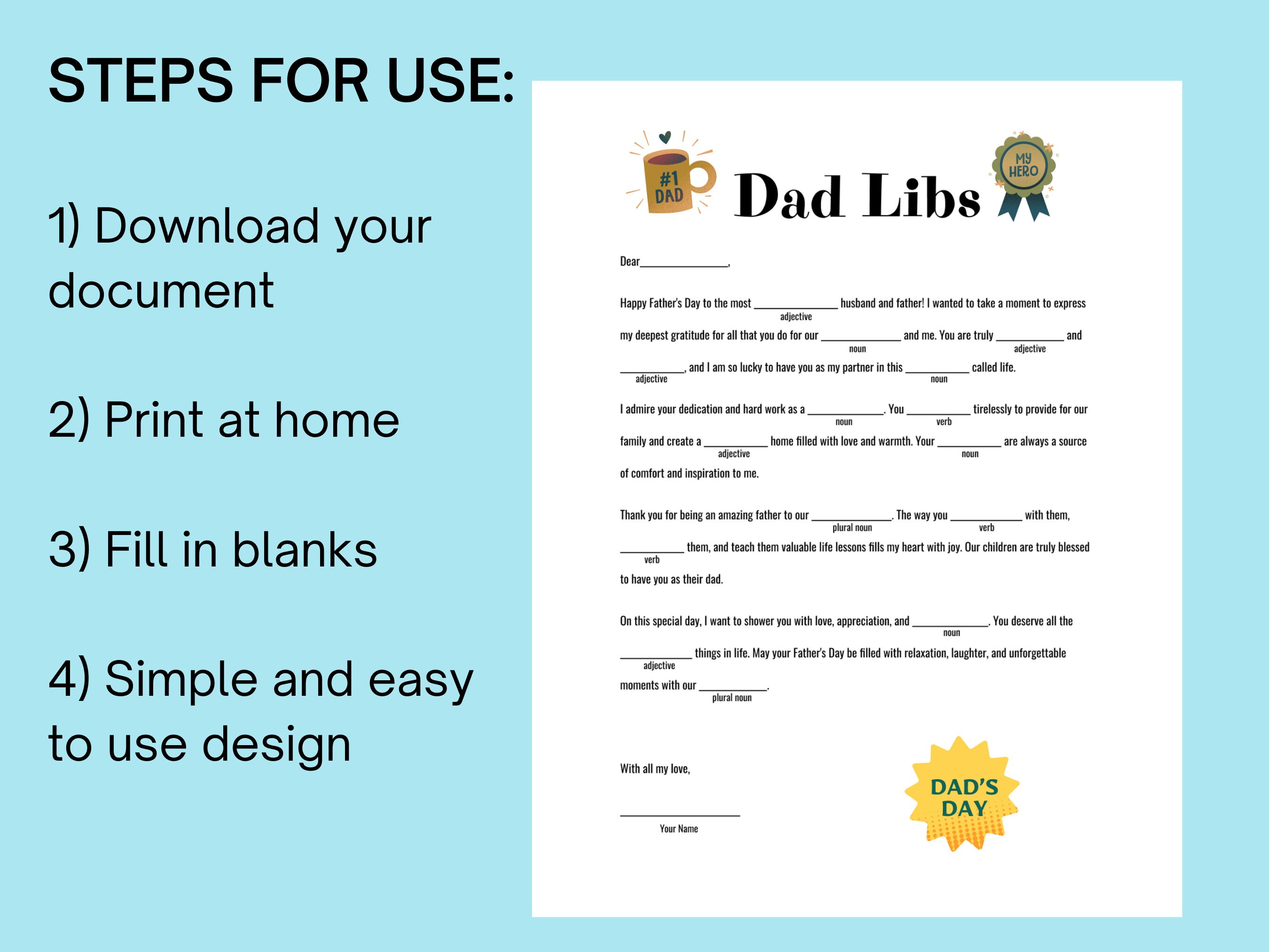 INSTANT DOWNLOAD Fathers Day Dad Libs, Mad Libs, Gift for Spouse, Fun ...