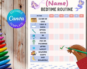 Lista de verificación de rutina editable para la hora de acostarse para niños pequeños de sirena, lista de verificación de rutina visual, tabla de hora de acostarse para niños, lista de verificación personalizada para la hora de acostarse, tabla de tareas para niños
