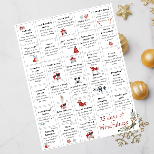 Printable Mindfulness Advent Calendar, 25 days of Mindfulness