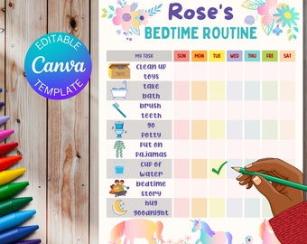 Lista de verificación de rutina editable para la hora de acostarse para niños pequeños de unicornio, lista de verificación de rutina visual, tabla de hora de acostarse para niños, lista de verificación personalizada para la hora de acostarse, tabla de tareas para niños