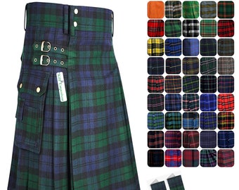 Premium Wool Blend Utility Kilt with Double-Sided Cargo Pockets - 8 Yards, 16oz Heavy Tartan Fabric - by Kilt Emporium