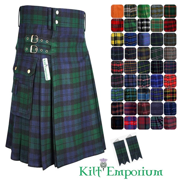 Premium Wool Blend Utility Kilt with Double-Sided Cargo Pockets - 8 Yards, 16oz Heavy wool plaid tartan - by Kilt Emporium