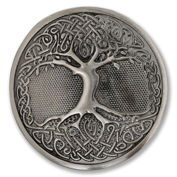 Tree of Life Celtic Knot Kilt Belt Buckle - Antique Brass Silver and Chrome Finish - Handcrafted by Kilt Emporium