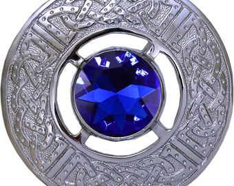 Celtic Pewter Brooch by Kilt Emporium - Chrome Finish with Royal Blue Amber Stone, 3-Inch Vintage Kilt Pin