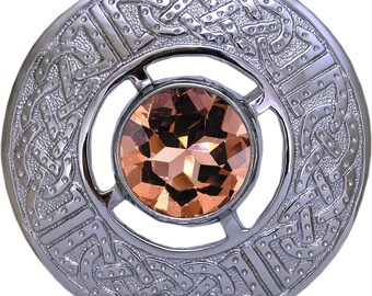 Celtic Pewter Brooch by Kilt Emporium - Chrome Finish with Peach Amber Stone, 3-Inch Vintage Kilt Pin