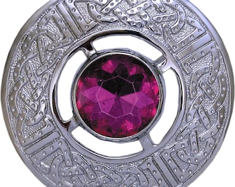 Celtic Pewter Brooch by Kilt Emporium - Chrome Finish with Fuchsia Amber Stone, 3-Inch Vintage Kilt Pin