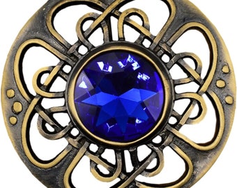 Kilt Emporium Culloden Celtic Brooch - Antique Brass Finish with Royal Blue Amber Stone, Fly Plaid Accessory