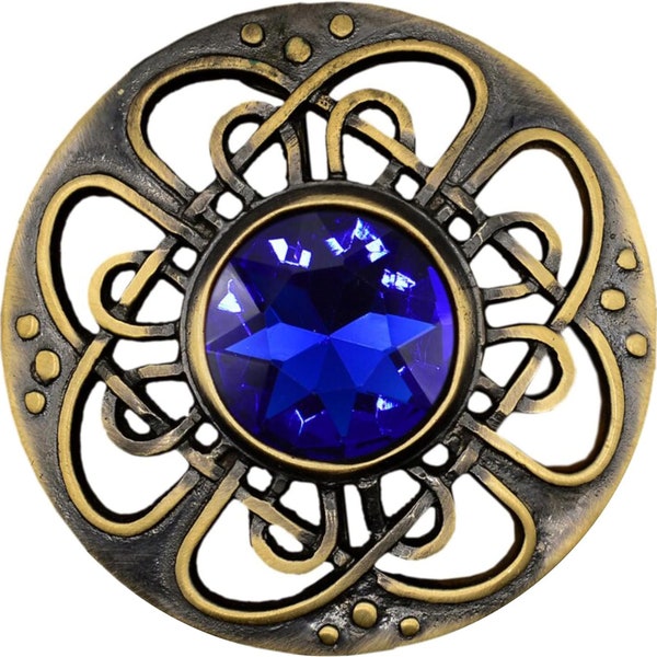 Kilt Emporium Culloden Celtic Brooch - Antique Brass Finish with Royal Blue Amber Stone, Fly Plaid Accessory