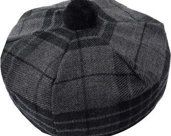 Kilt Emporium Night Grey Watch Tartan Tam Hat - Traditional Tam O Shanter Hat Men Caps with Pompom - Classic Scottish Caps for Men