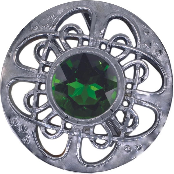 Kilt Emporium Culloden Plaid Brooch - Chrome Celtic Pin with Green Amber Stone