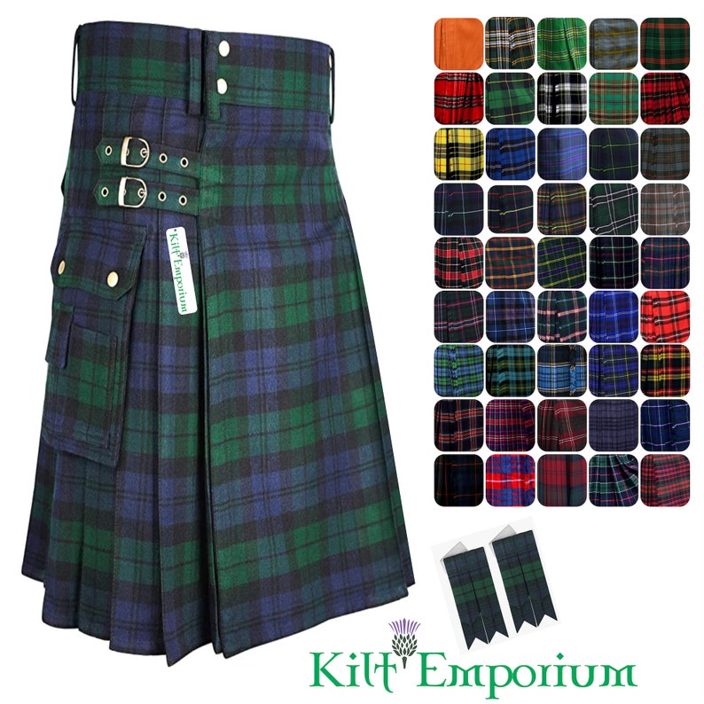 Premium Wool Blend Utility Kilt with Double-Sided Cargo Pockets - 8 Yards, 16oz Heavy Tartan Fabric - Handcrafted by Kilt Emporium