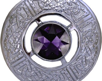 Celtic Pewter Brooch by Kilt Emporium - Chrome Finish with Purple Amber Stone, 3-Inch Vintage Kilt Pin